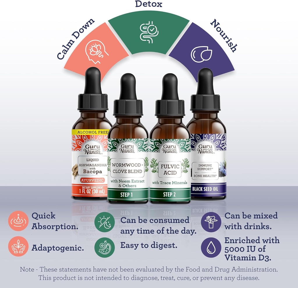 GuruNanda Total Wellness Boost with Liquid Ashwagandha, Black Seed Oil & GutCleanse - Helps with Immunity and Mind Care 6