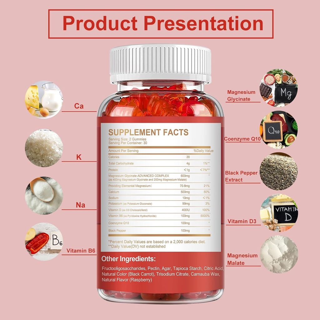 Magnesium Gummies 600mg per Serving-Magnesium Glycinate 400mg and Magnesium Malate 200mg,Sugar Free Magnesium Potassium Supplement for Calm Mood, Muscle, Bone & Energy Support,120 Raspberry Gummies 3