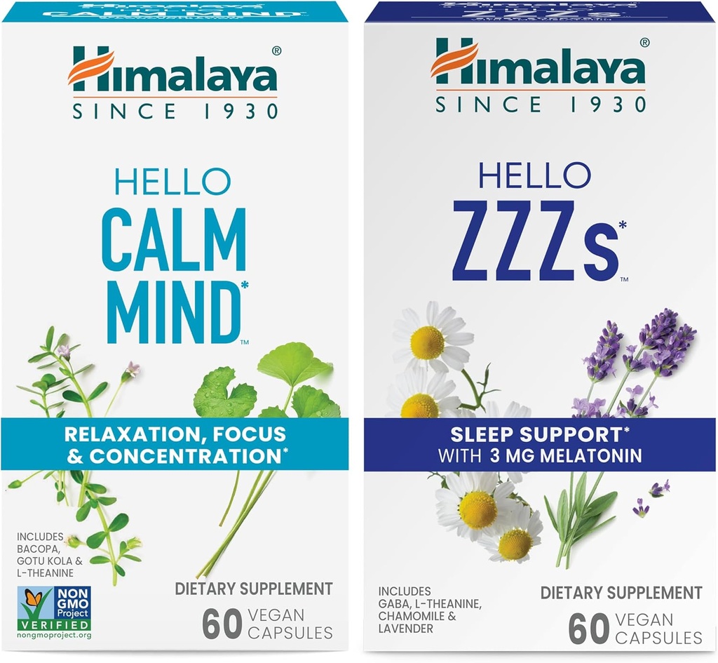 Himalaya Hello Calm Mind with Bacopa for Relaxation, Focus and Concentration & Hello ZZZs with Melatonin for Sleep Support, 60 Capsules Each - Bundle 2
