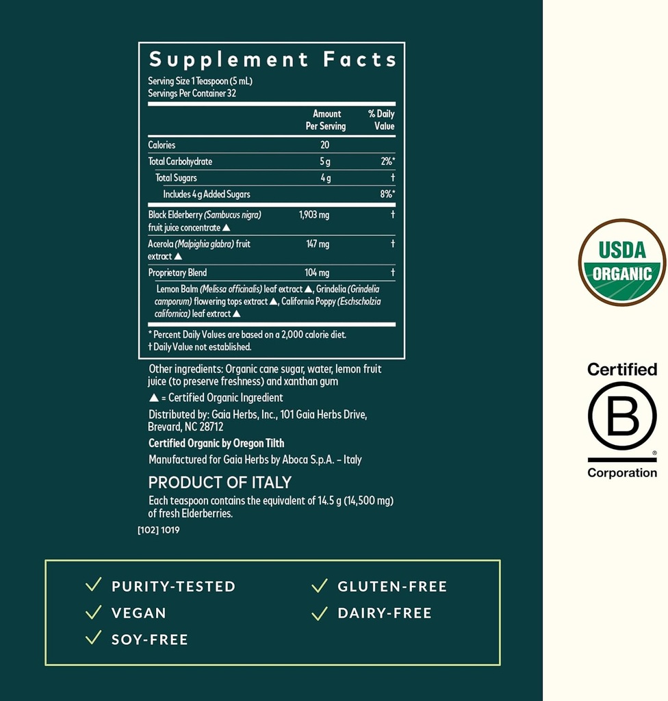 Gaia Herbs Black Elderberry, NightTime Syrup - Immune Support Supplement - With Organic Black Elderberries, California Poppy & Lemon Balm for Restful Sleep & Immune Defense - 5.4 Fl Oz (32-Day Supply) 4