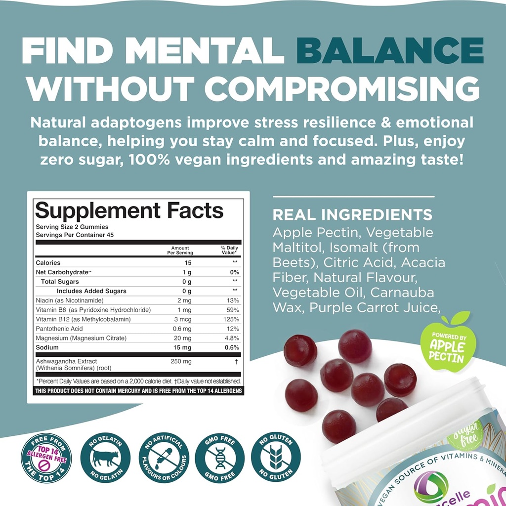 NUTRAMIN Mood Boost Multivitamin Gummy - Delicious & Yummy Anti-Stress Magnesium Ashwagandha Gummies + B Complex Vitamins for Focus and Calm - Sugar-Free, Vegan, Gluten-Free, Allergy-Safe (90 Count) 4