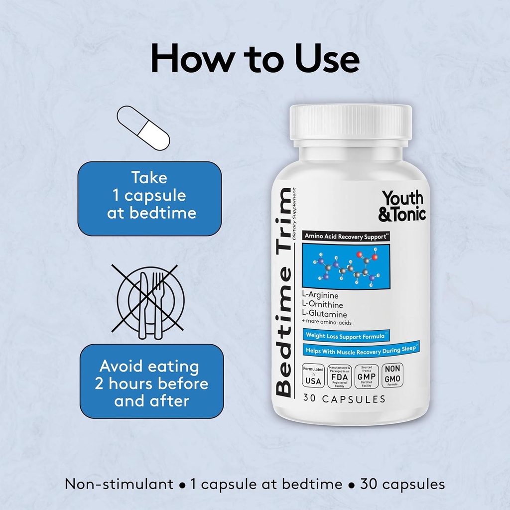 Youth & Tonic PM Bedtime Trim Amino Acids Supplement Pills for Men and Women | 30 Capsules to Support Metabolism and Defined Lean Muscles During Night Time 5