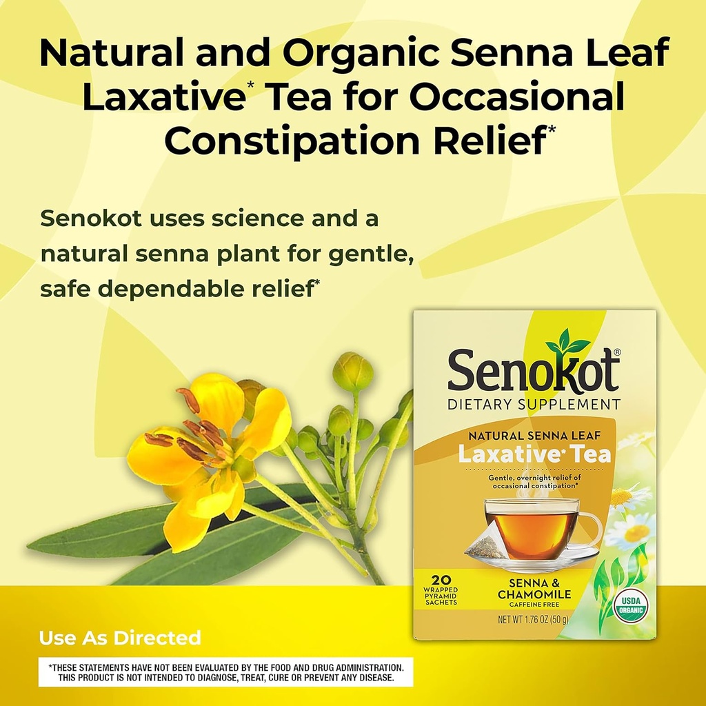 Senokot Dietary Supplement, Natural and Organic Senna Leaf, Laxative Tea for Occasional Constipation, 20 Wrapped Pyramid sachets, Certified Organic. 3