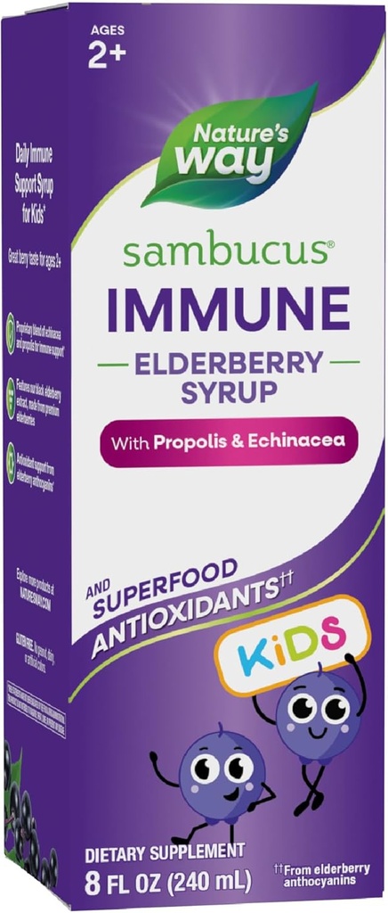 Nature's Way Sambucus Elderberry Immune Syrup for Kids Ages 2+, with Echinacea & Propolis, Immune Support Syrup*, Vegetarian, Berry Flavored, 8 Fl Oz 2