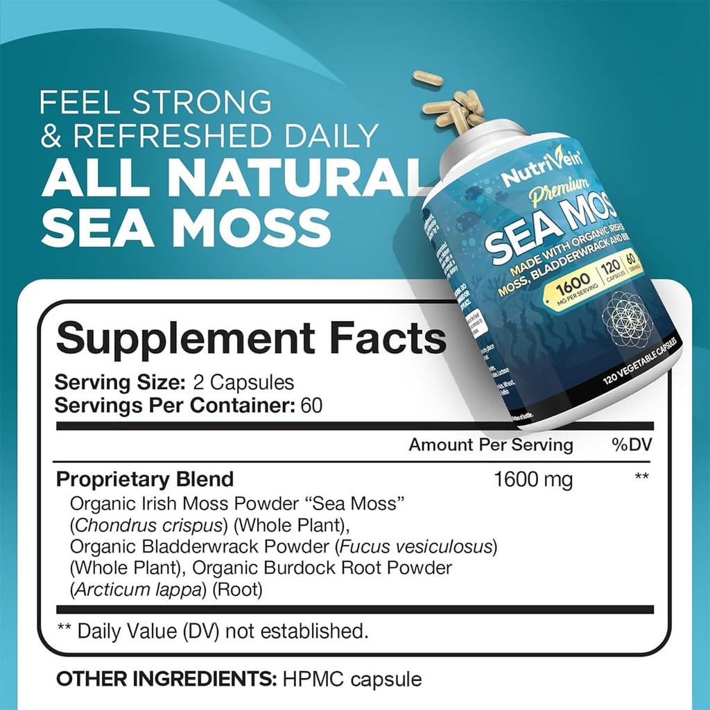 Nutrivein Organic Sea Moss 1600mg Plus Bladderwrack & Burdock - 120 Caps for Adults - Prebiotic Super-Food - Immune System & Digestive Health - Thyroid, Skin, Keto Detox, Gut, Joint Support 3