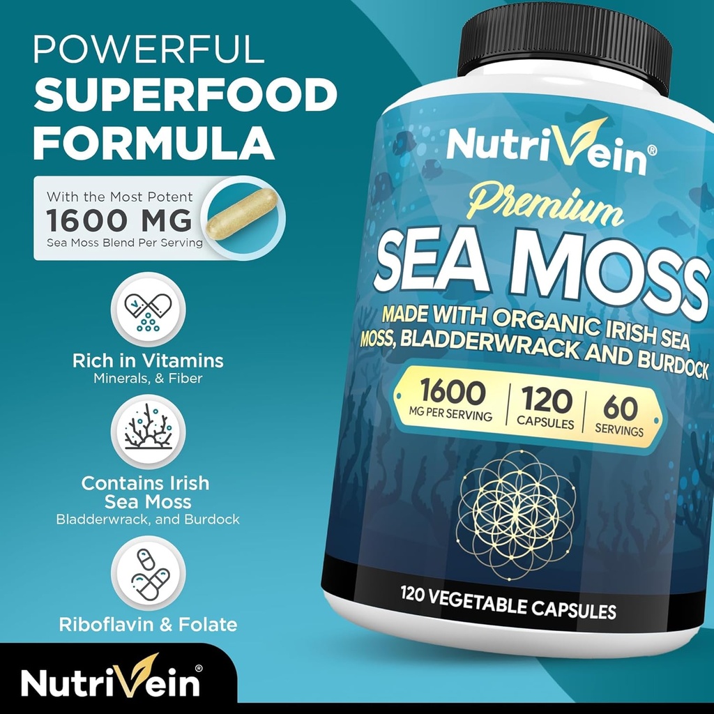 Nutrivein Organic Sea Moss 1600mg Plus Bladderwrack & Burdock - 120 Caps for Adults - Prebiotic Super-Food - Immune System & Digestive Health - Thyroid, Skin, Keto Detox, Gut, Joint Support 4