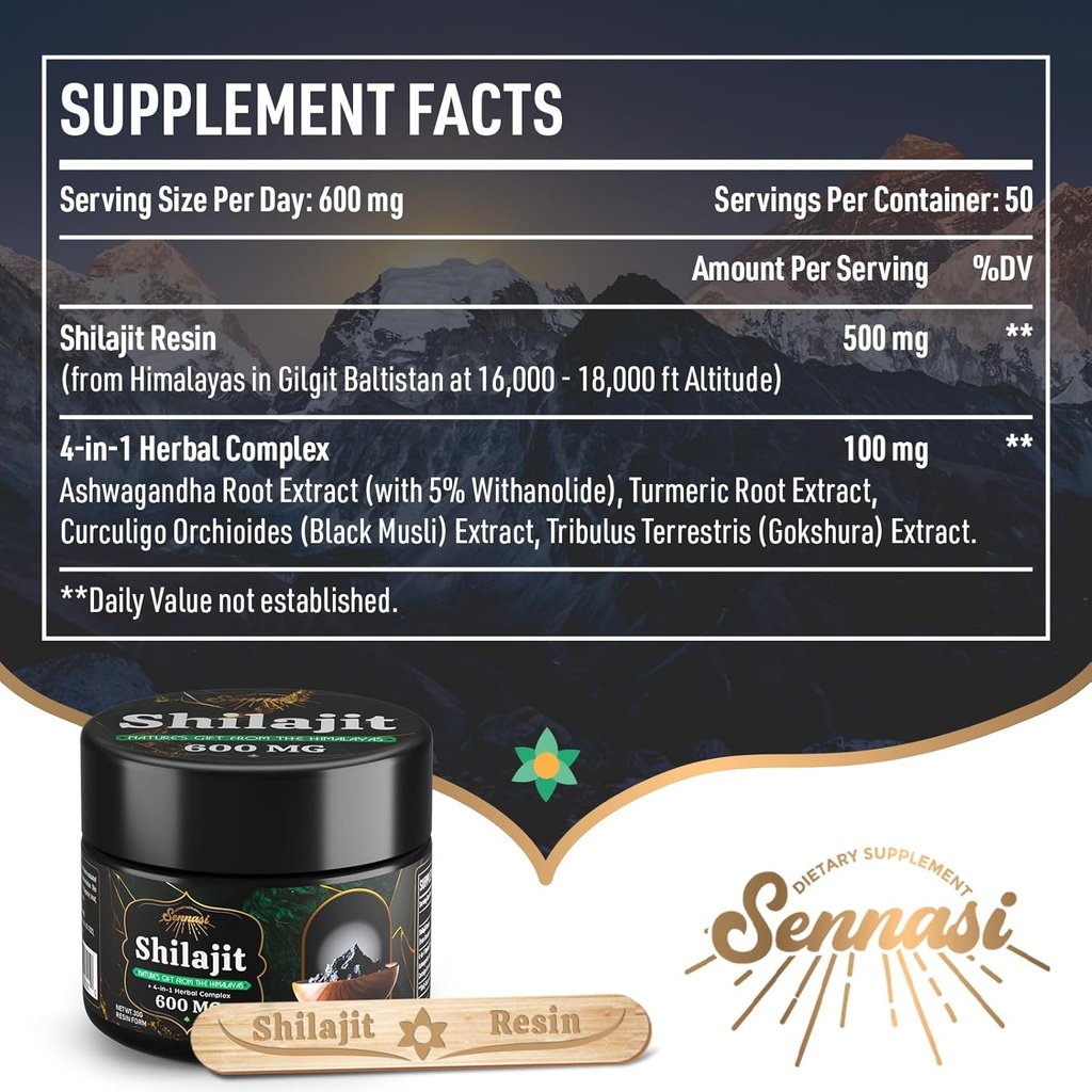 Sennasi 600 MG Shilajit Resin - Shilajit Supplement with Fulvic Acid & 85+ Trace Minerals for Energy, Immunity, Brain Power, 60 Grams 3