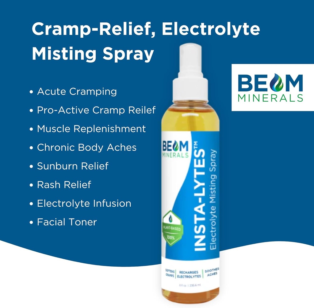 BEAM MINERALS Insta-Lytes | Cramp-Relief Electrolyte Misting Spray | Natural Liquid Electrolytes | Micronutrients Supplement for Cramping, Muscle Aches, and Rash Relief | 8 fl Oz 6