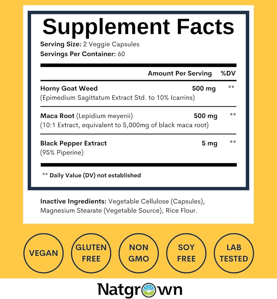 Natgrown Horny Goat Weed and Maca Root Extract Supplement for Men & Women (Epimedium Extract, Hornygoatweed) Vegan Capsules -120 Ct 5
