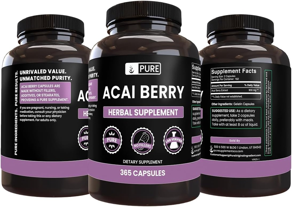 PURE ORIGINAL INGREDIENTS Acai Berry (100 Capsules) No Magnesium Or Rice Fillers, Always Pure, Lab Verified 5