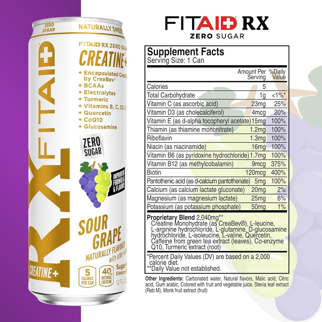 FITAID RX Zero Sugar, Encapsulated Creatine, Workout Recovery Drink, All-In-One Blend, BCAAs, Glucosamine, Turmeric, B-Complex, Electrolytes, Variety Pack, 12 Fl Oz (Pack of 12) 6