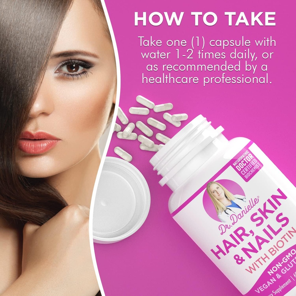 Doctor Danielle Hair Skin and Nails Vitamins for Women and Men– Biotin 5000 mcg Supplement to Support Normal Hair Growth and Glowing Skin, Organic Coconut Water, Rice Phytoceramides 4