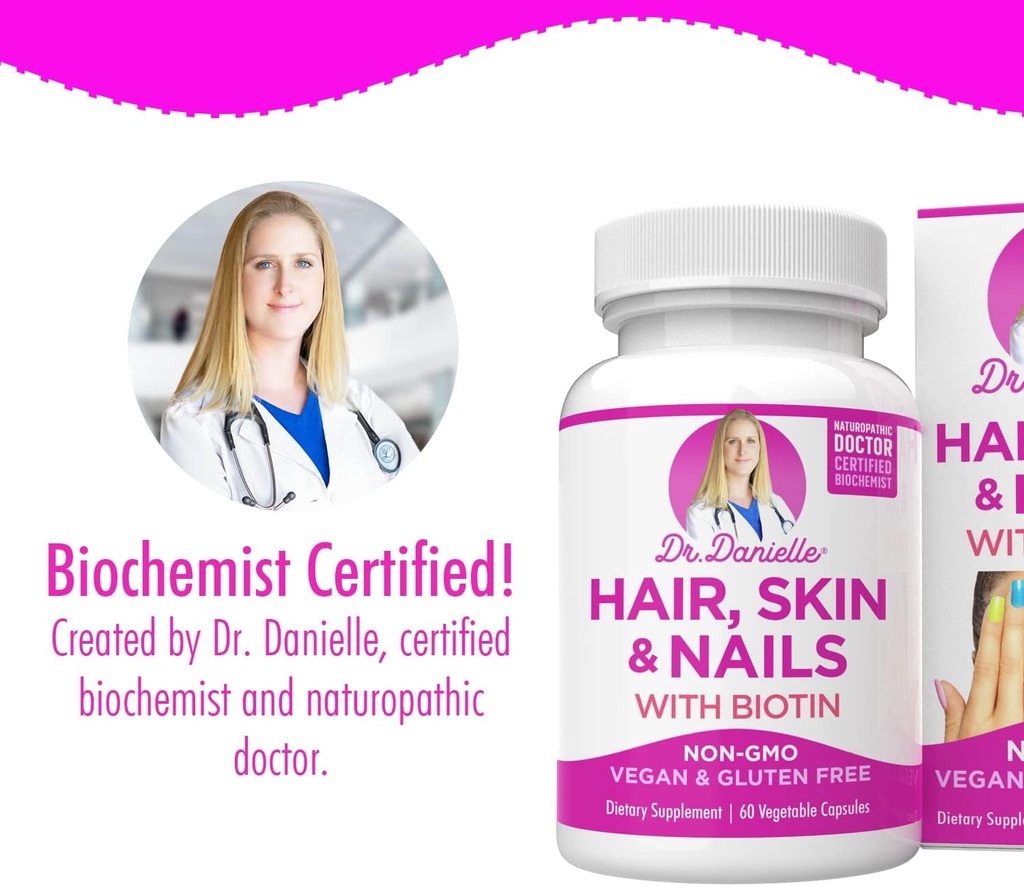 Doctor Danielle Hair Skin and Nails Vitamins for Women and Men– Biotin 5000 mcg Supplement to Support Normal Hair Growth and Glowing Skin, Organic Coconut Water, Rice Phytoceramides 6