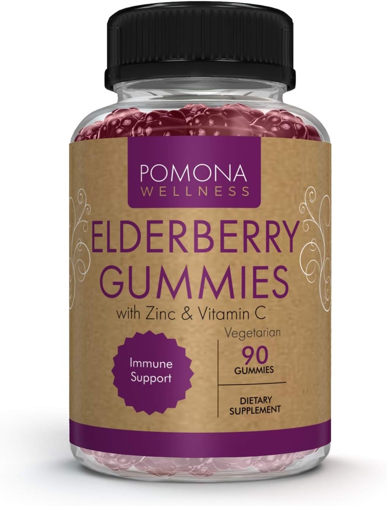Pomona Wellness Elderberry Gummies with Zinc and Vitamin C for Immune Support 3-1 Chewable Black Elderberry Gummy Supplement for Kids and Adults, Vegan, 90 Gummies 2