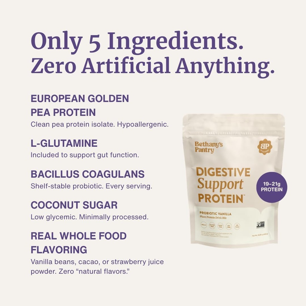 Nuzest Bethany's Pantry Digestive Support Protein - Probiotics for Digestive Health – Clean Lean Protein - Premium Vegan Pea Protein Powder – Plant Based - 20 Servings, 1 Pound (Pack of 1) - Vanilla 5
