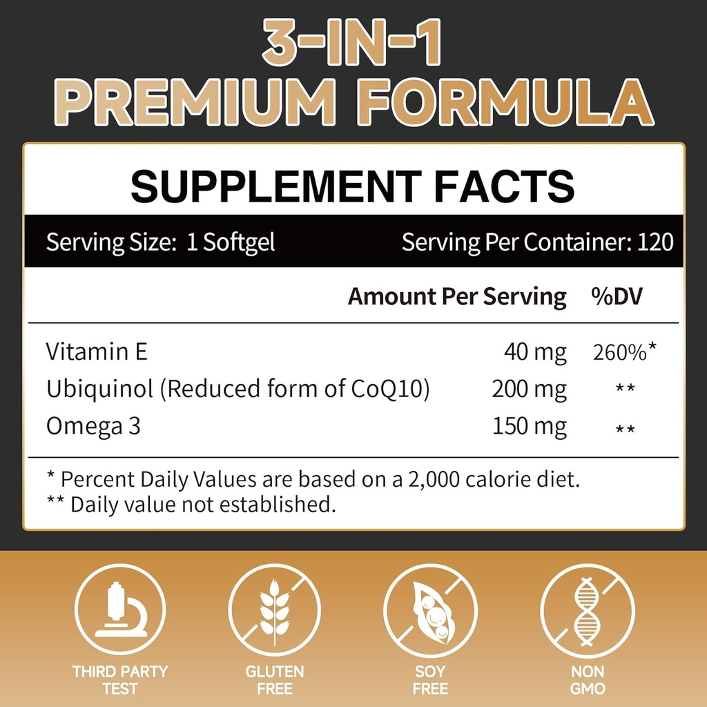 Ubiquinol CoQ10-200mg-Softgels with Vitamin E & Omega 3, High Absorption Coenzyme Q10 Support Heart Health & Energy-Production Powerful-Antioxidant, 120 Counts 3
