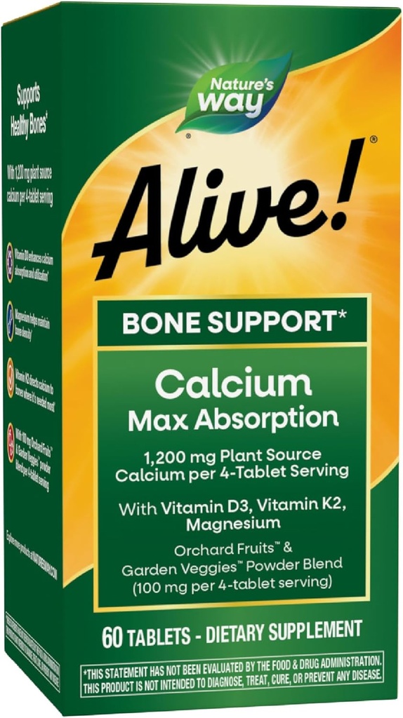 Nature's Way Alive! Calcium Max Absorption, Plant Source Calcium, Vitamin D3 & K2, Magnesium, Bone Support*, 60 Tablets (Packaging May Vary) 2