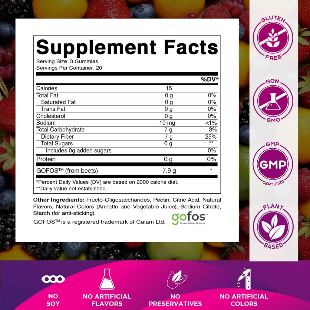 Vitamatic Prebiotic Fiber Gummies for Adults – 7g Fiber per Serving – 60 Pectin-Based Gummies Extra Strength, Zero Sugar Added – Supports Digestive Health & Regularity – Non-GMO, Vegan, Gluten-Free 3