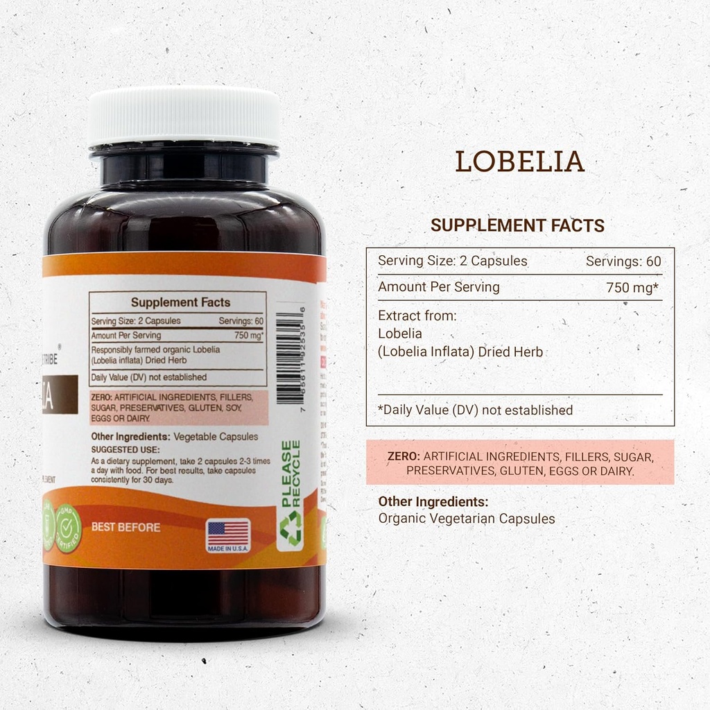 Secrets of the Tribe Lobelia 120 Capsules, 750 mg, Responsibly farmed Lobelia (Lobelia Inflata) Dried Herb (120 Capsules) 4