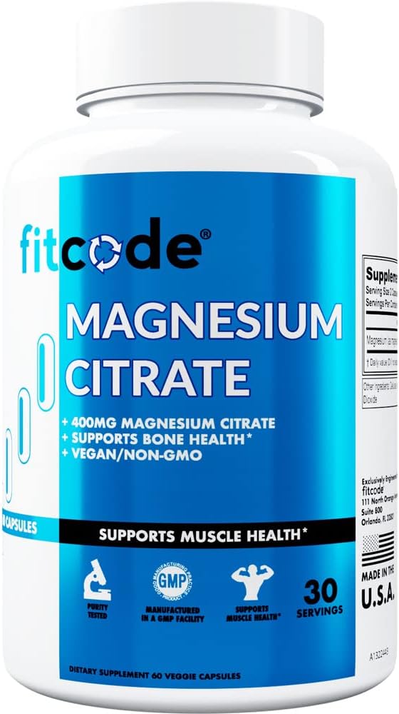 Fitcode Magnesium Citrate Capsules 400mg - Muscle and Bone Health Magnesium Supplement with Pure Magnesium Citrate for Muscle Relaxation & Bone Strength - 60 Veggie Magnesium Capsules for Heart Health 2
