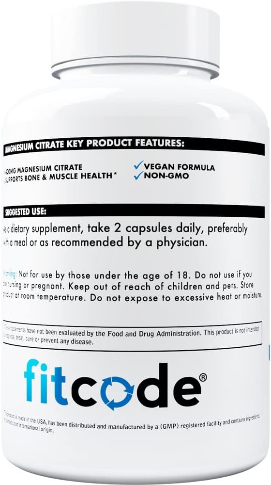 Fitcode Magnesium Citrate Capsules 400mg - Muscle and Bone Health Magnesium Supplement with Pure Magnesium Citrate for Muscle Relaxation & Bone Strength - 60 Veggie Magnesium Capsules for Heart Health 4