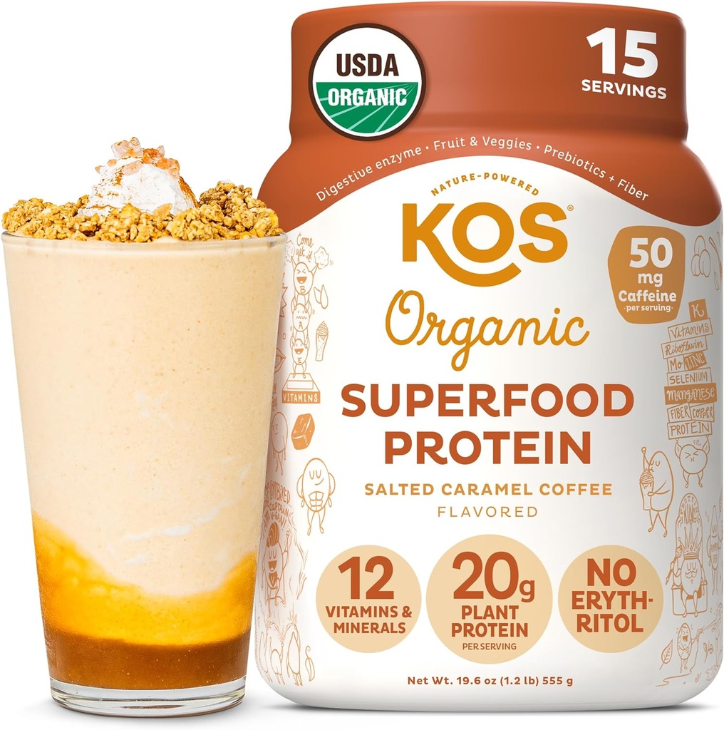 KOS Vegan Protein Powder, Salted Caramel Coffee - Low Carb Pea Protein Blend, Organic Plant Superfood Rich in Vitamins & Minerals - Keto, Dairy Free - Meal Replacement for Women & Men - 15 Servings 2