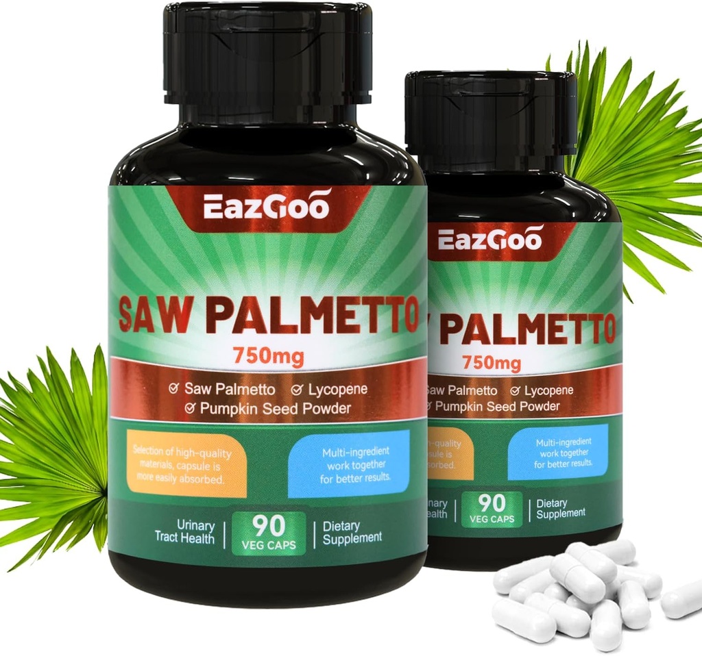 Saw Palmetto Supplement, Saw Palmetto Extract 750mg, with Lycopene, Pumpkin Seed Powder, for Men and Women,Non-GMOs & Gluten, Vegan, 90 Count Capsules（Pack of 2） 2