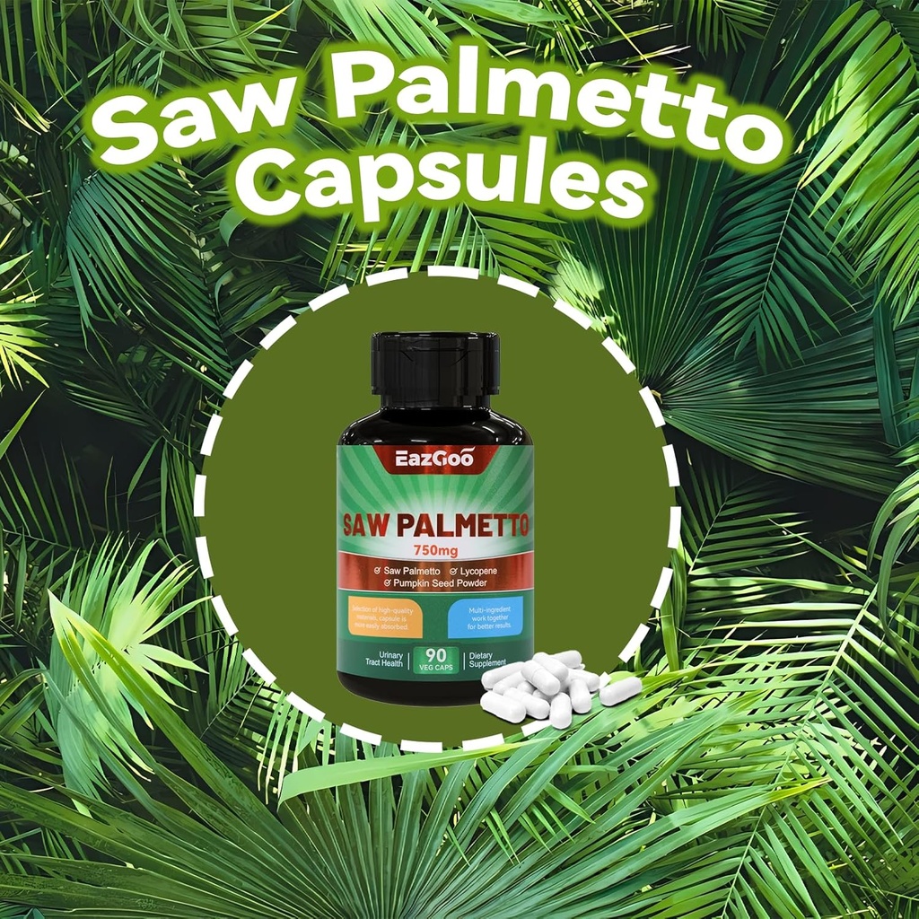 Saw Palmetto Supplement, Saw Palmetto Extract 750mg, with Lycopene, Pumpkin Seed Powder, for Men and Women,Non-GMOs & Gluten, Vegan, 90 Count Capsules（Pack of 2） 5