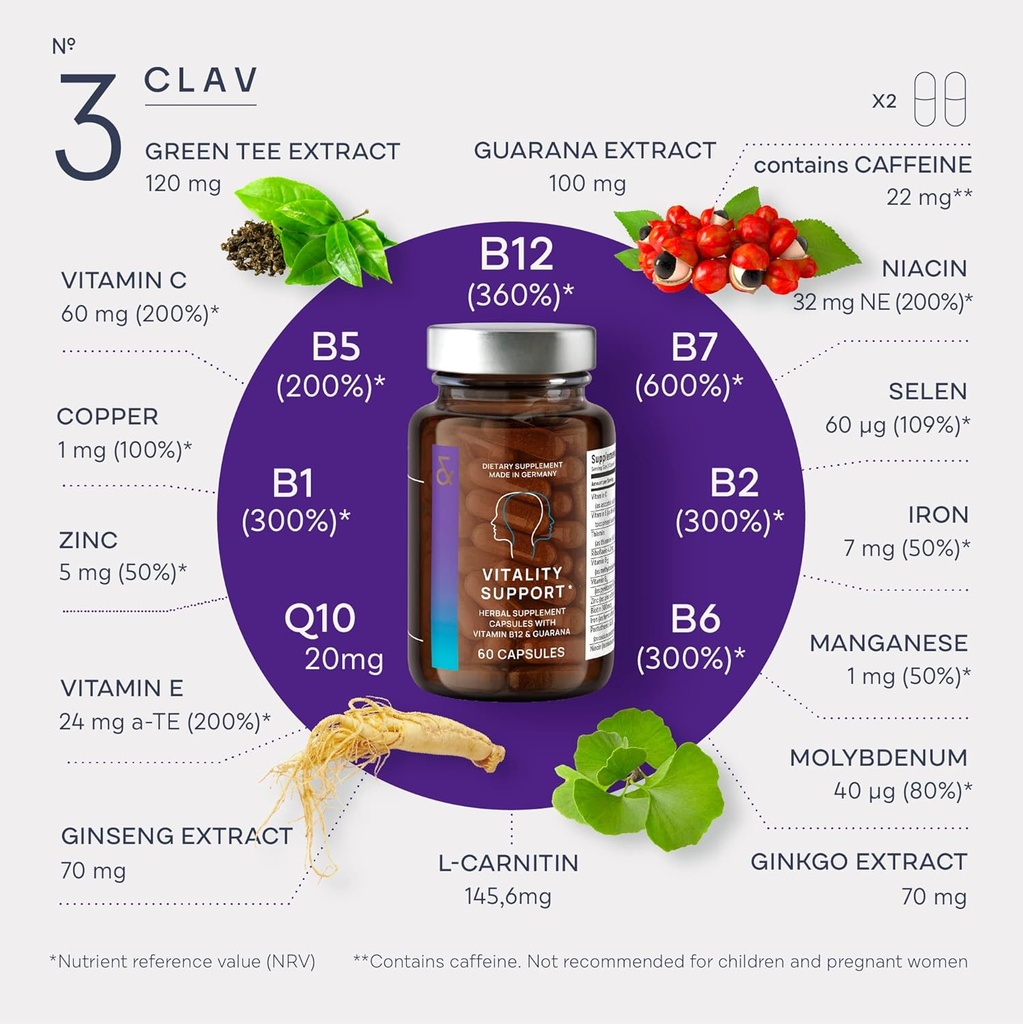 CLAV® N°3 Vitality Support - Vegan Multivitamin - Energy & Focus Supplement - Vitamin B Complex - Guarana, Ginseng, Ginkgo Extract - 60 Capsules - 1 Month 5