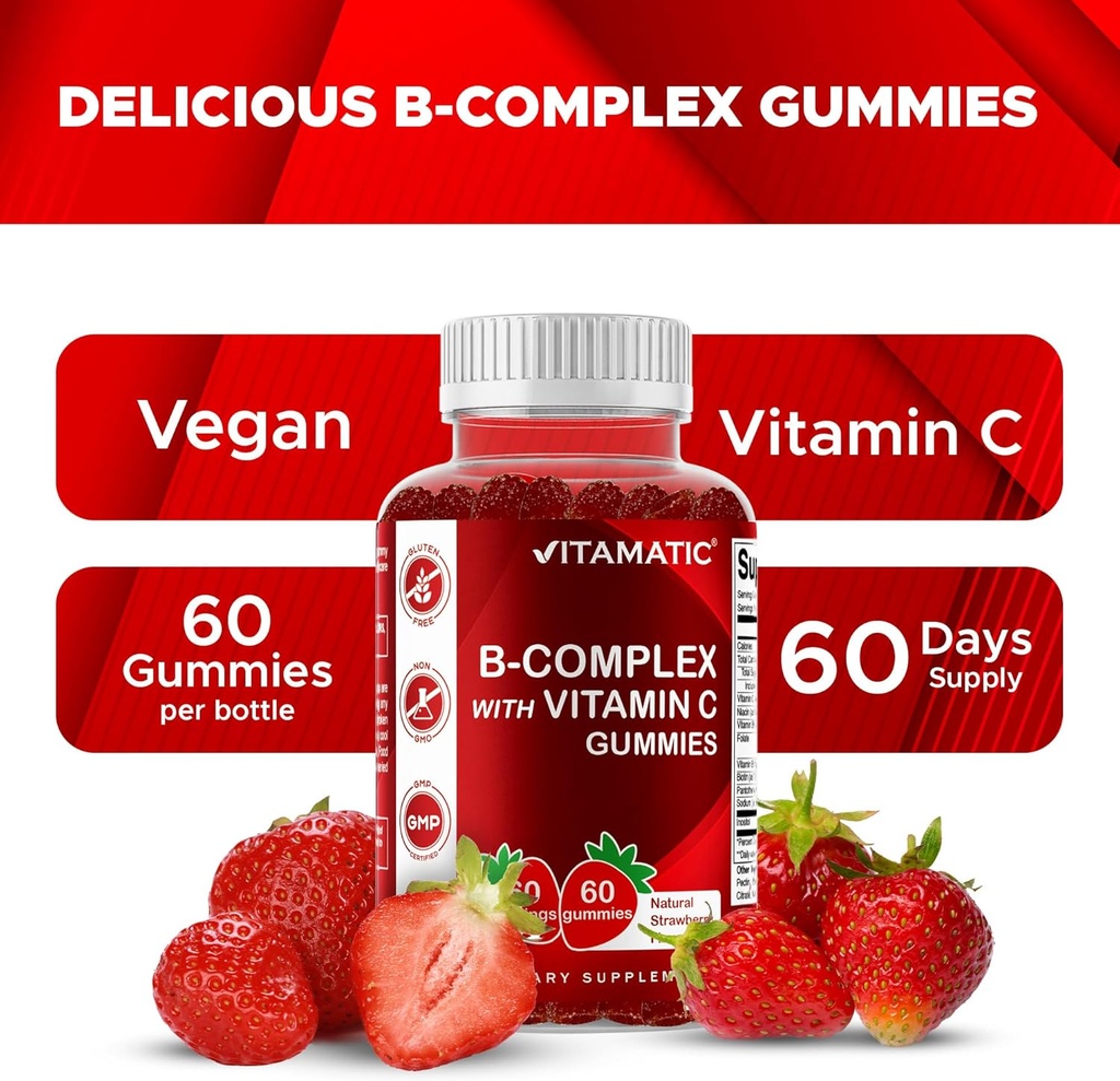 Vitamatic Vitamin B Complex Gummies with Vitamin C & Inositol - Natural Strawberry Flavor - 60 Gummies (2 Bottles) 5