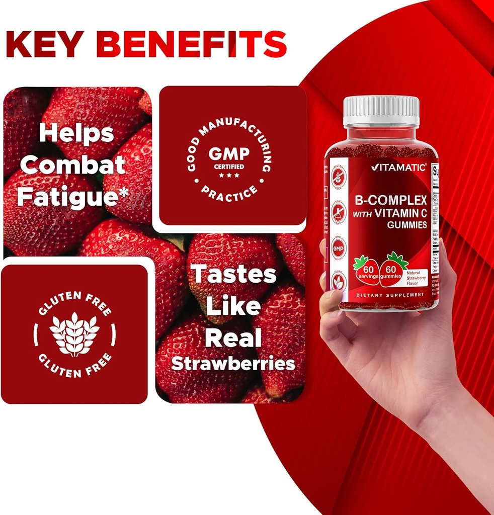 Vitamatic Vitamin B Complex Gummies with Vitamin C & Inositol - Natural Strawberry Flavor - 60 Gummies (2 Bottles) 6