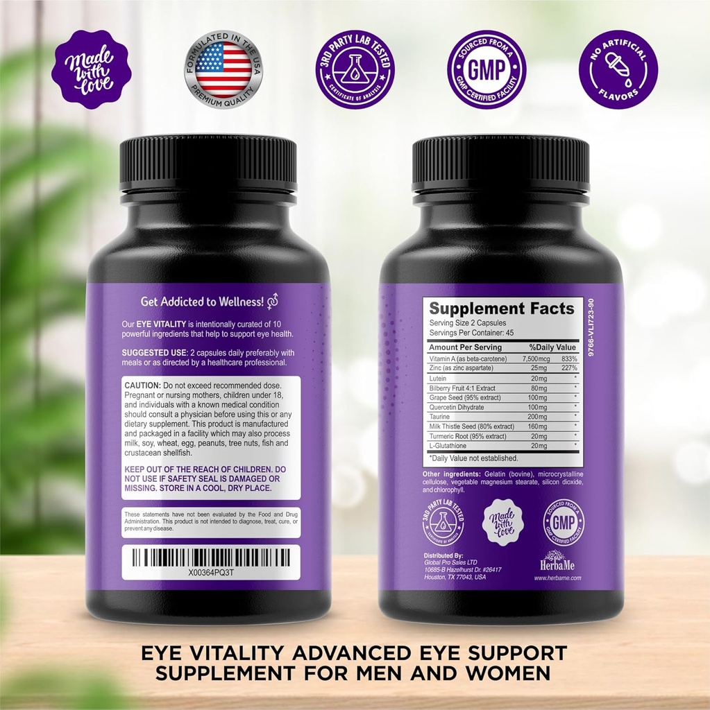 Eye Vitamins Supplement with Lutein, Bilberry, Beta Carotene, L-Taurine, Zinc and Quercetin, 90 Capsules, Supports Vision, Ocular and Macular Health, Helps Eyes Filter Blue Light 3