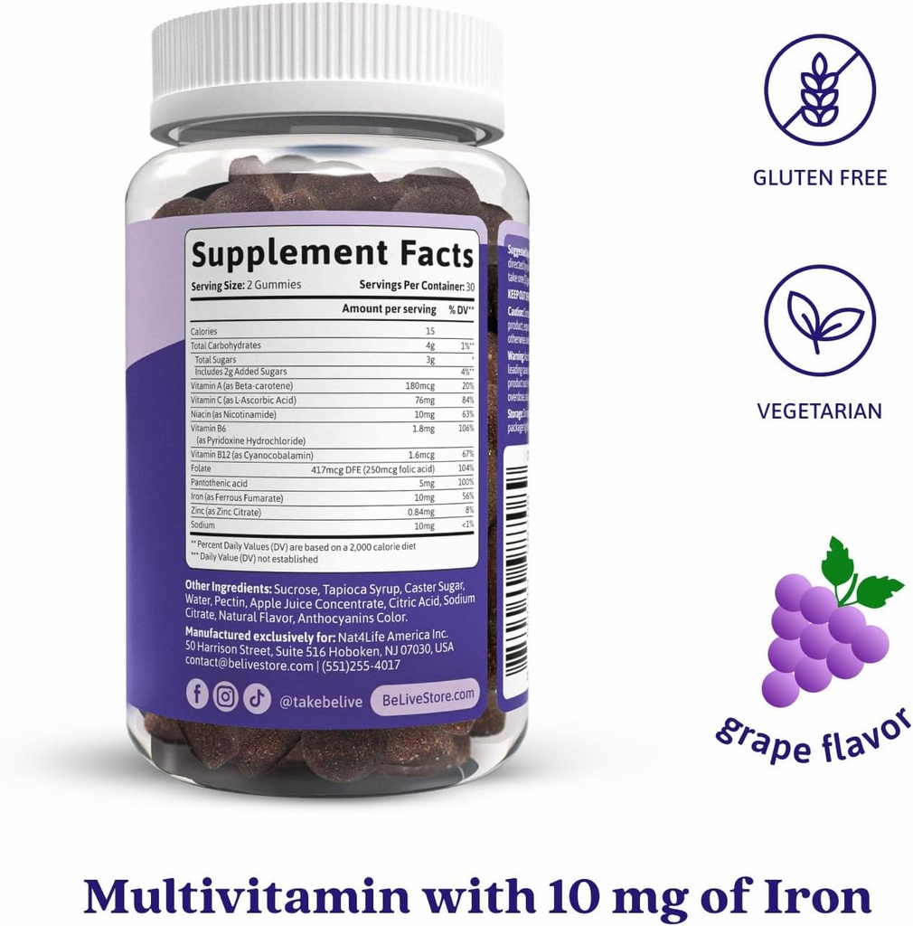 BeLive Iron Gummies - Multivitamin Iron Supplement with Vitamin C, A, B & Zinc, Supports Blood Oxygen, Vegan Supplements for Women, Men & Kids for Growth and Development - Grape Flavor | 3-Pack 3