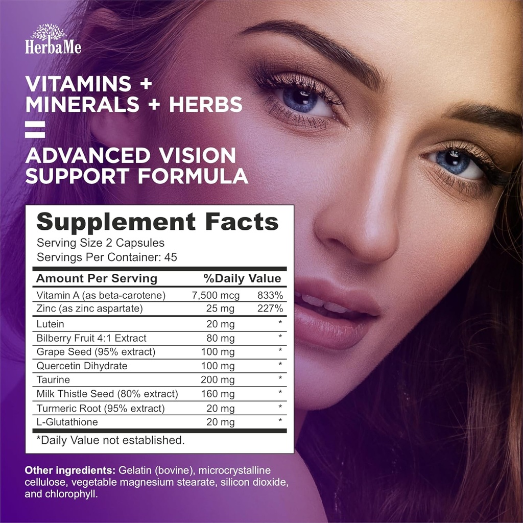 Eye Vitamins Supplement with Lutein, Bilberry, Beta Carotene, L-Taurine, Zinc and Quercetin, 90 Capsules, Supports Vision, Ocular and Macular Health, Helps Eyes Filter Blue Light 4