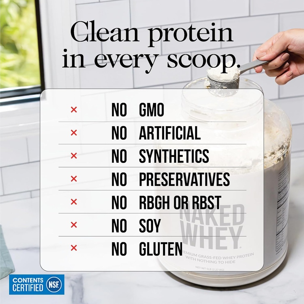 NAKED WHEY 5LB 100% Grass Fed Unflavored Whey Protein Powder - Only 1 Ingredient, Undenatured - No GMO, Soy or Gluten - No Preservatives - Promote Muscle Growth and Recovery - 76 Servings 3