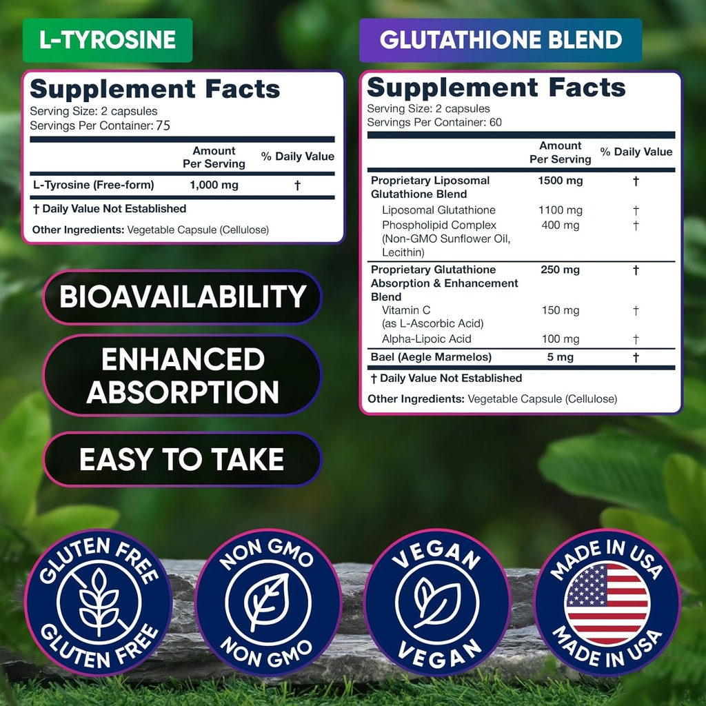 (Bundle) L Tyrosine 1000mg & Liposomal Glutathione 1750mg - All-Natural Focus, Energy, and Liver Support - Non-GMO, Gluten-Free, Vegan - 270 Capsules Total 4