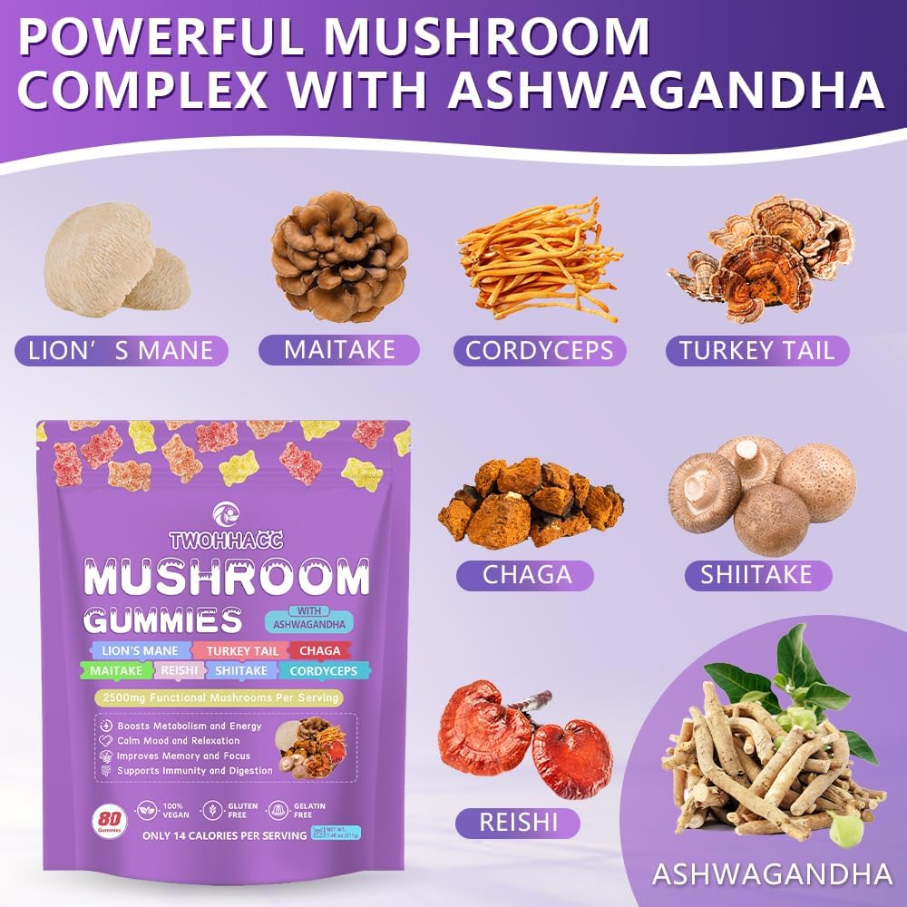 Mushroom Supplement Gummies with Ashwagandha and Lions Mane, Maitake, Turkey Tail, Reishi, Chaga, Shiitake, Cordyceps Nootropic Brain Supplement for Focus, Memory, Immune, Support and Stress Relief 3