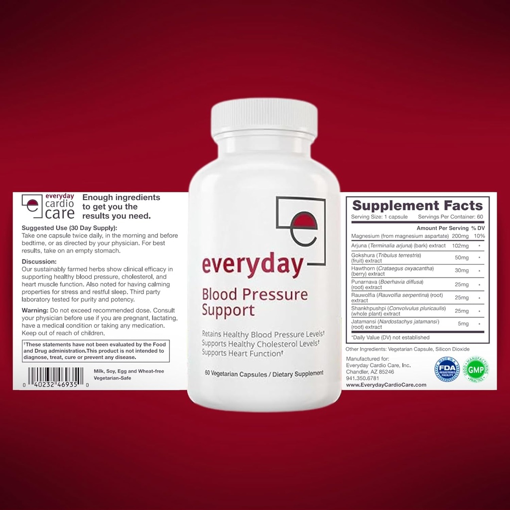 Everyday Blood Pressure Support and Hypertension Supplement - Hawthorn Berry, Arjuna, Magnesium, and Rauwolfia for Heart Health, Circulation, and Cholesterol Support (30 Day Supply, 60 Capsules) 4
