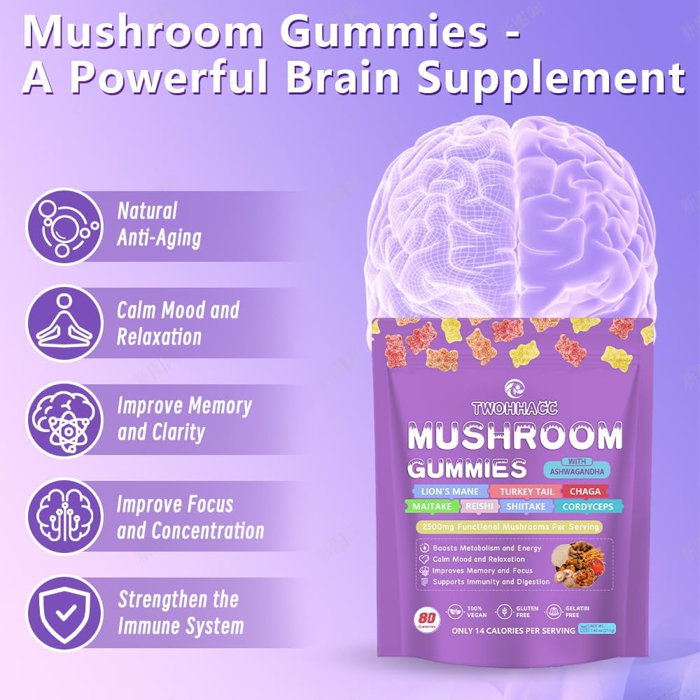 Mushroom Supplement Gummies with Ashwagandha and Lions Mane, Maitake, Turkey Tail, Reishi, Chaga, Shiitake, Cordyceps Nootropic Brain Supplement for Focus, Memory, Immune, Support and Stress Relief 4