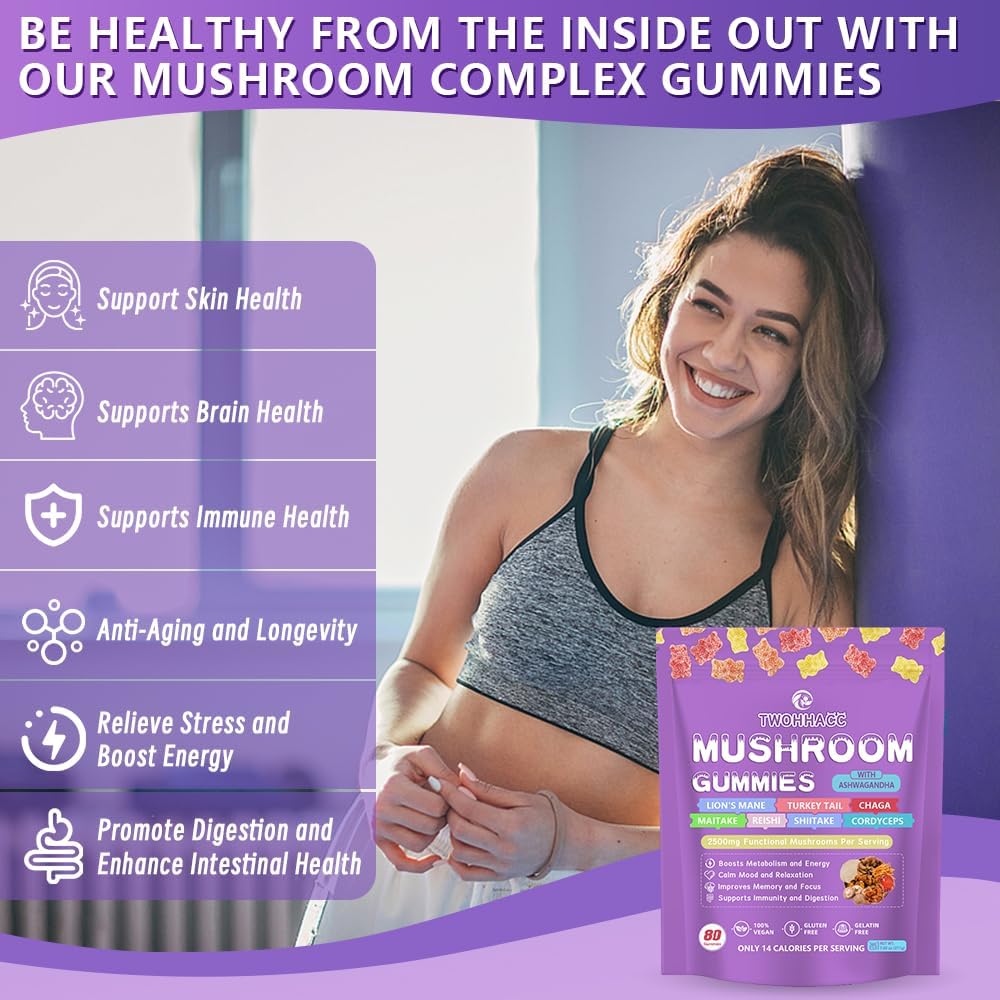 Mushroom Supplement Gummies with Ashwagandha and Lions Mane, Maitake, Turkey Tail, Reishi, Chaga, Shiitake, Cordyceps Nootropic Brain Supplement for Focus, Memory, Immune, Support and Stress Relief 5