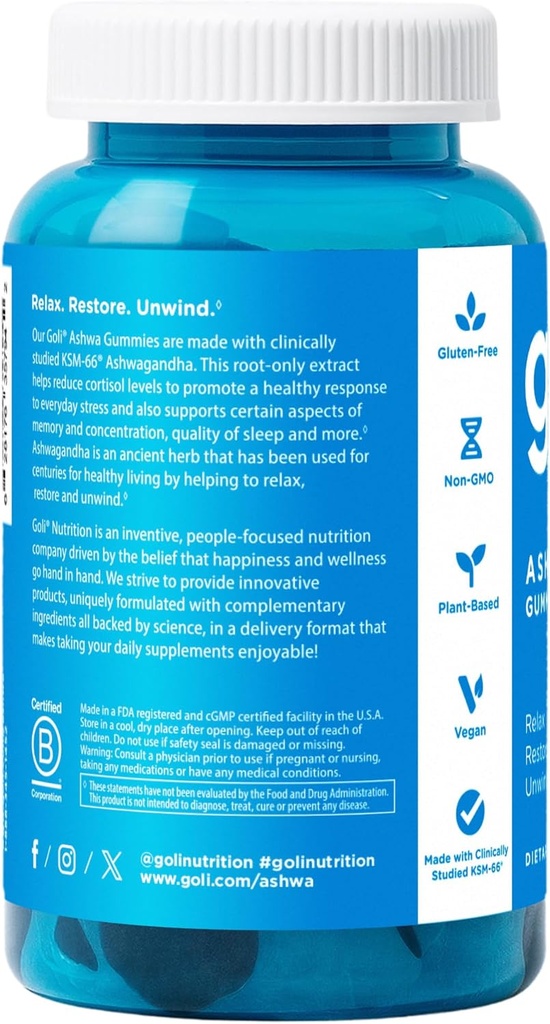 Goli Ashwagandha & Vitamin D Gummy - 60 Count - Mixed Berry, KSM-66, Vegan, Plant Based, Non-GMO, Gluten-Free & Gelatin Free Relax. Restore. Unwind, Pack of 1 4