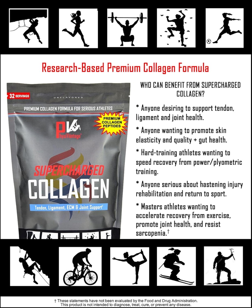 PhysiVantage Supercharged Collagen Peptides Powder - Hydrolyzed Collagen for Joint, Tendon, Ligament, & Skin Health Support - Unflavored, Keto, Paleo, 16oz | Enhanced with Vitamin C, BCAAs, Grass-Fed 4