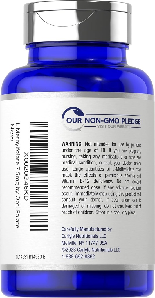 Carlyle L Methylfolate 7.5 mg | 60 Capsules | Optimized and Activated | Non-GMO, Gluten Free | Methyl Folate, 5-MTHF | by Opti-Folate 4
