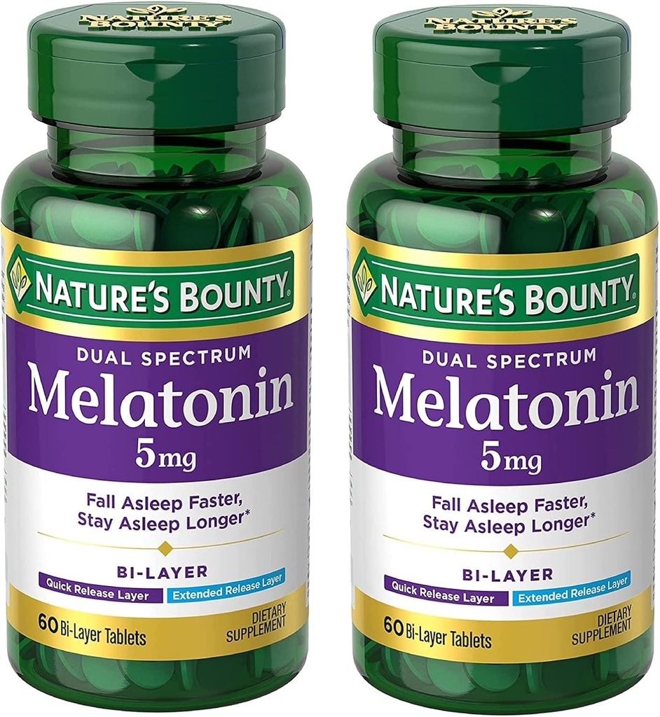 Nature's Bounty Melatonin 5mg Dual Spectrum, 100% Drug Free Sleep Supplement, Quick Release and Extended Release, Promotes Relaxation and Sleep Health, 60 Bi-Layer Tablets (Pack of 2) 2
