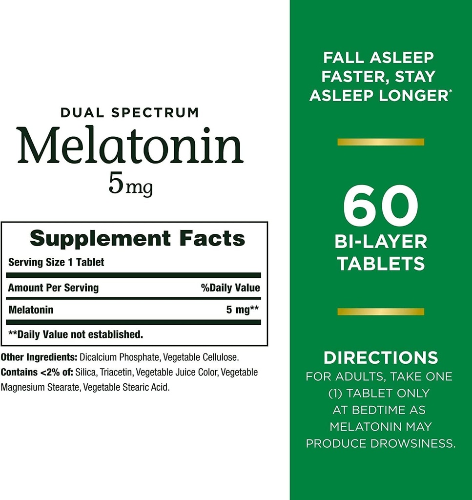 Nature's Bounty Melatonin 5mg Dual Spectrum, 100% Drug Free Sleep Supplement, Quick Release and Extended Release, Promotes Relaxation and Sleep Health, 60 Bi-Layer Tablets (Pack of 2) 3