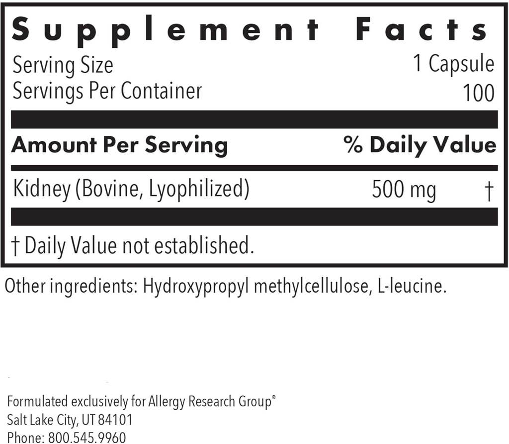 Allergy Research Group Kidney Beef Supplement - Natural Glandular, Freeze-Dried, Bovine, Lyophilized, Beef Organ, Vegetarian Capsules - 100 Count 3