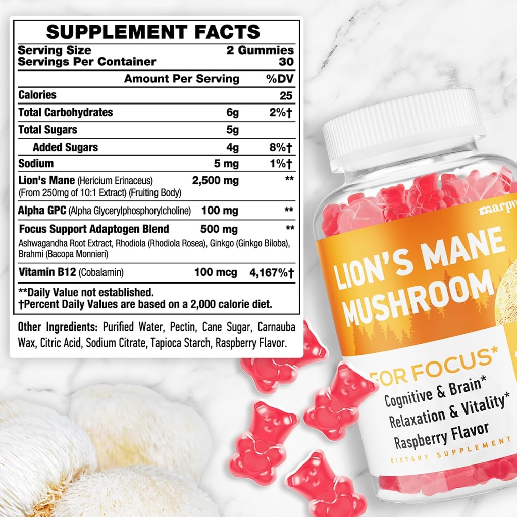 Lions Mane Gummies, Organic Lion's Mane, Lions Mane Gummies for Adults, with Ashwagandha & Alpha GPC, Cortisol Supplements for Women & Men, 60 Counts 3