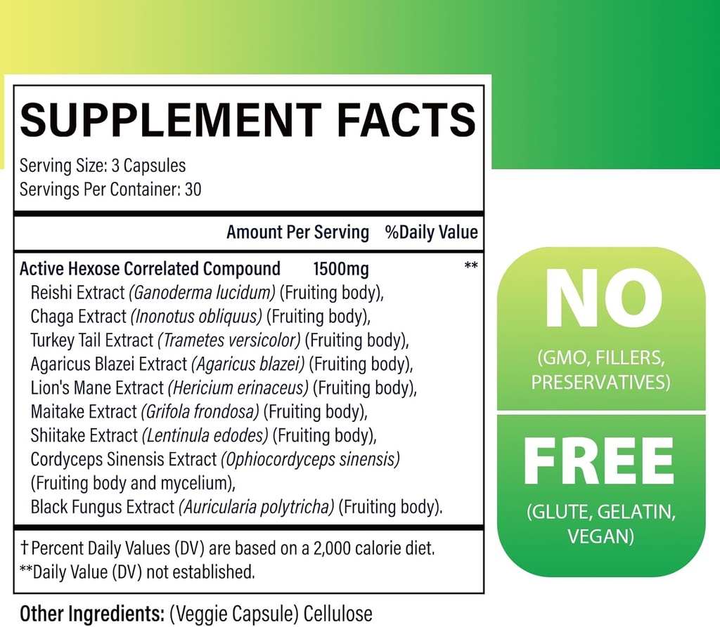 Active Hexose Correlated Compound 1500 mg Supplement, Natural 8 Mushroom Extract Supplement, Immune System, Liver Function, Natural Killer and T Cells Activity, 180 Veggie Capsules 3