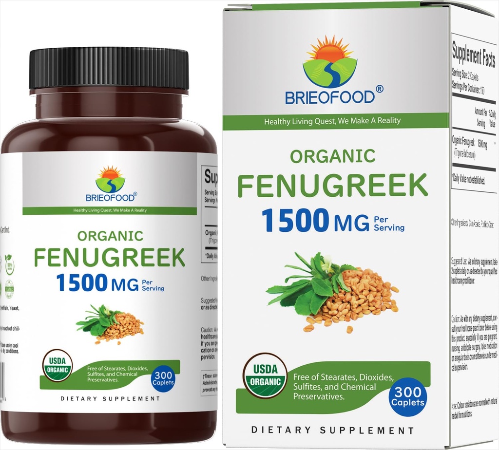 Brieofood Organic Fenugreek 1500mg, 150 Servings, Vegetarian, Gluten Free, 300 Vegetarian Tablets 2