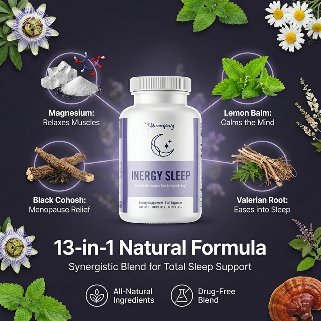 BB Company inergySLEEP | Natural Sleep Supplement & Sleep Aid for Deep Sleep, Helps to Calm & Relax | Magnesium, Lemon Balm, Black Cohosh, GABA, Holy Basil | Packaging Vary | 30 Ct 5